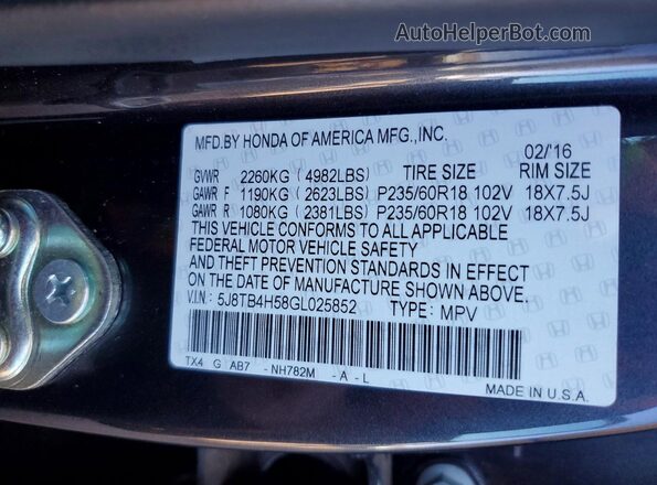 5J8TB4H58GL025852 2016 ACURA RDX Угольный Вид наклейки с VIN-кодом
