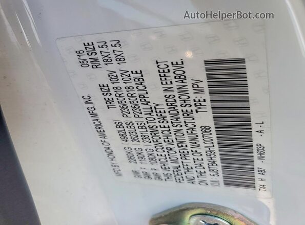 5J8TB4H59HL007068 2017 ACURA RDX White VIN sticker view