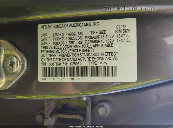 5J8TB4H71HL028952 2017 ACURA RDX Gray Engine compartment view