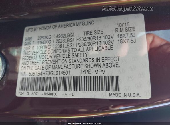 5J8TB4H73GL014601 2016 ACURA RDX Burgundy ძრავის განყოფილების ხედი