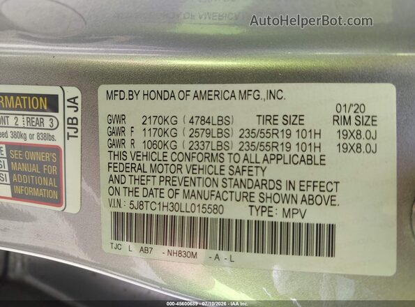 5J8TC1H30LL015580 2020 ACURA RDX Silver Շարժիչի բաժամունքի տեսք