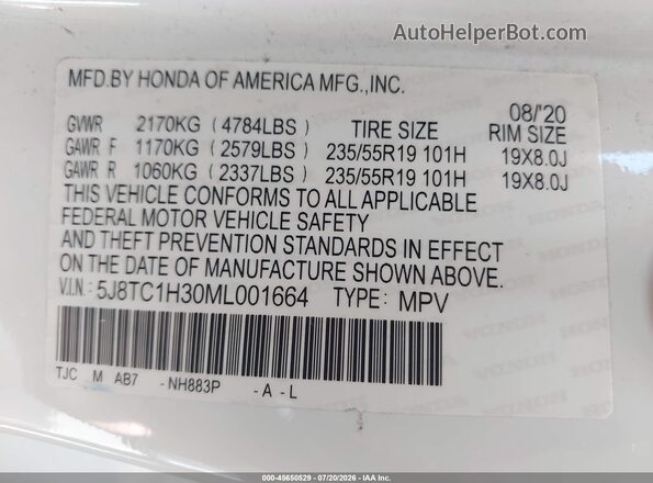 5J8TC1H30ML001664 2021 ACURA RDX White Вид підкапотного простору