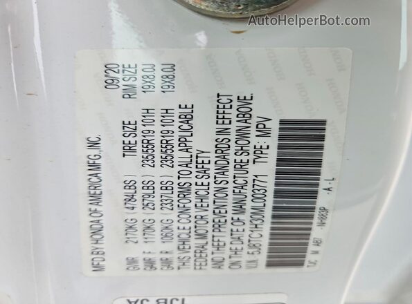 5J8TC1H30ML003771 2021 ACURA RDX White Widok naklejki z numerem VIN