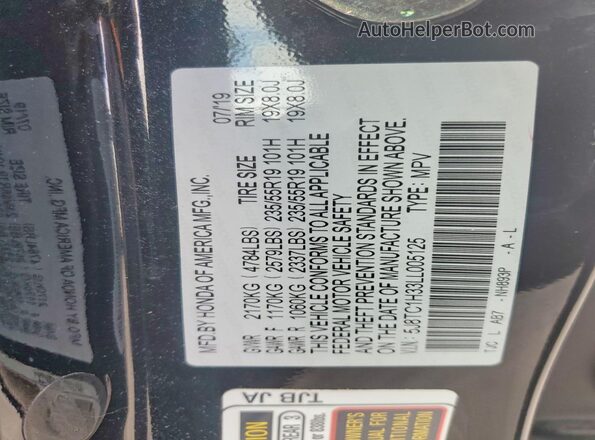 5J8TC1H33LL005125 2020 ACURA RDX Black VIN კოდის სტიკერის ხედი