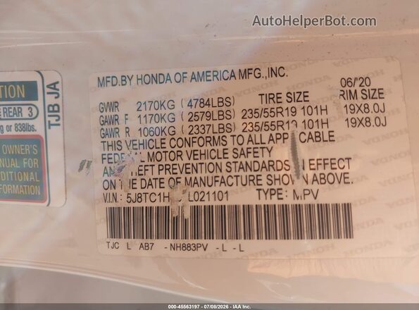 5J8TC1H33LL021101 2020 ACURA RDX White Вид підкапотного простору