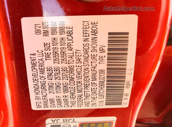 5J8TC1H36ML021398 2021 ACURA RDX Red Vista interior de 360 grados