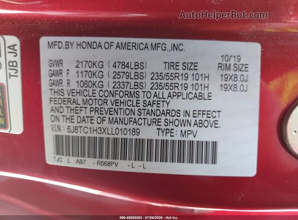 5J8TC1H3XLL010189 2020 ACURA RDX Red Շարժիչի բաժամունքի տեսք