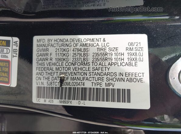 5J8TC1H50ML020474 2021 ACURA RDX Black Widok komory silnika