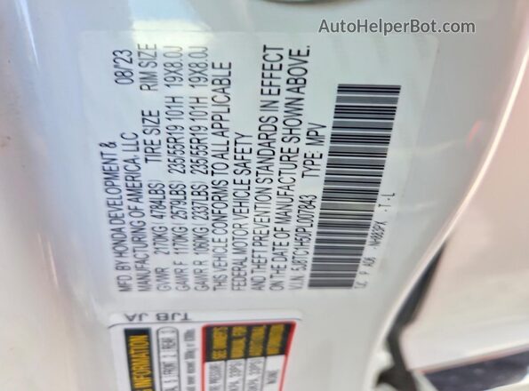 5J8TC1H50PL007843 2023 ACURA RDX White Вид наклейки з VIN-кодом