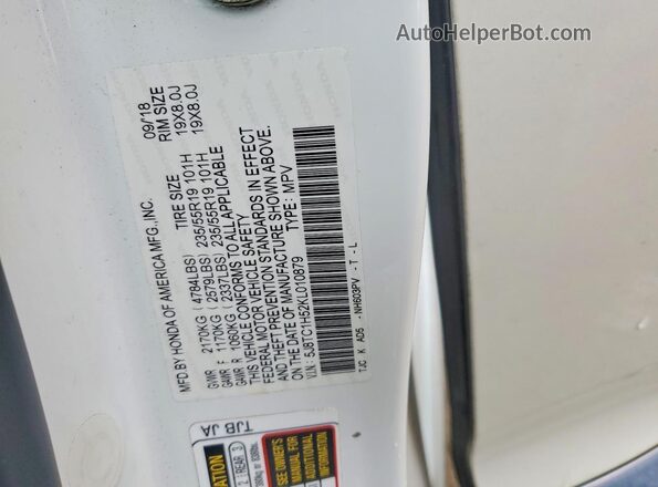 5J8TC1H52KL010879 2019 ACURA RDX White Widok naklejki z numerem VIN