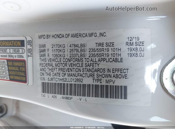 5J8TC1H52LL012892 2020 ACURA RDX White Vista del compartimento del motor