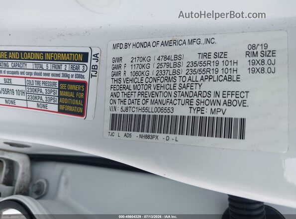 5J8TC1H55LL006553 2020 ACURA RDX White Vista del compartimento del motor