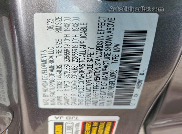 5J8TC1H55PL009085 2023 ACURA RDX Gray VIN կոդի պիտակի տեսք