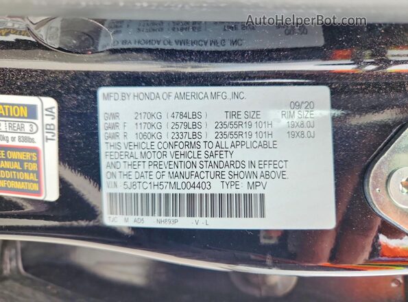 5J8TC1H57ML004403 2021 ACURA RDX Black Widok naklejki z numerem VIN