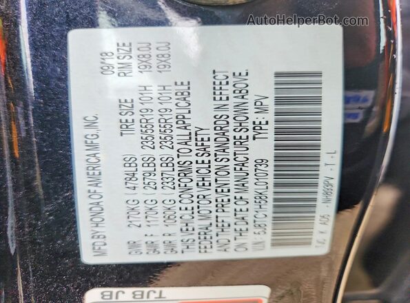 5J8TC1H58KL010739 2019 ACURA RDX Black Вид наклейки з VIN-кодом