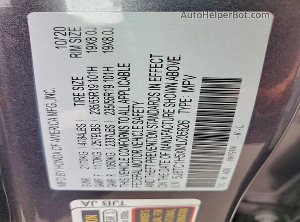 5J8TC1H5XML005626 2021 ACURA RDX Black VIN sticker view