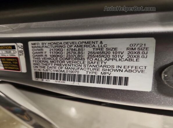 5J8TC1H63ML019070 2021 ACURA RDX Silver VIN sticker view