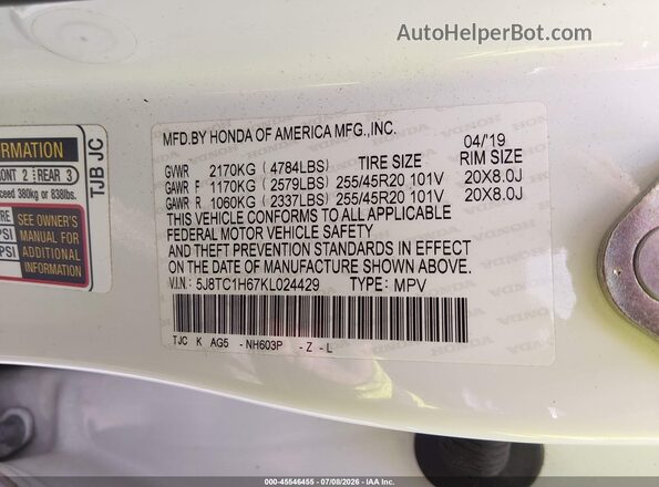 5J8TC1H67KL024429 2019 ACURA RDX White Вид підкапотного простору