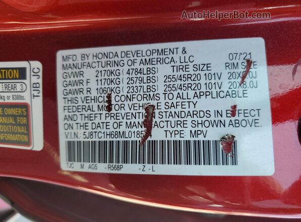 5J8TC1H68ML018514 2021 ACURA RDX Red VIN կոդի պիտակի տեսք