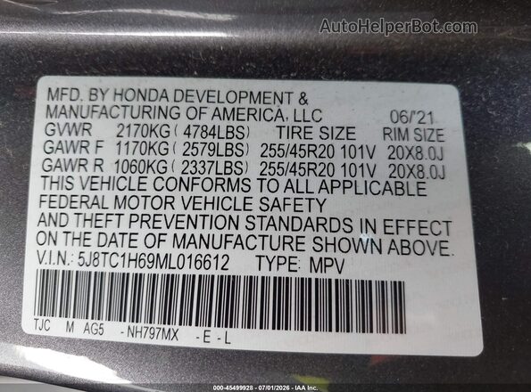5J8TC1H69ML016612 2021 ACURA RDX Gray ძრავის განყოფილების ხედი