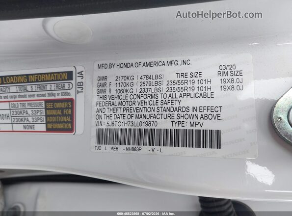 5J8TC1H73LL019870 2020 ACURA RDX White Vista del compartimento del motor