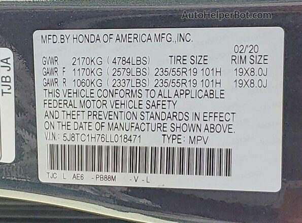 5J8TC1H76LL018471 2020 ACURA RDX Charcoal VIN კოდის სტიკერის ხედი