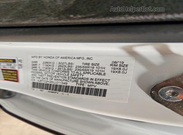 5J8TC2H30LL011549 2020 ACURA RDX White VIN კოდის სტიკერის ხედი