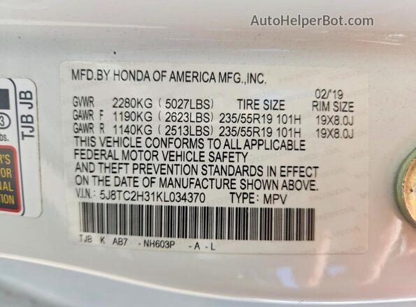 5J8TC2H31KL034370 2019 ACURA RDX White Widok naklejki z numerem VIN