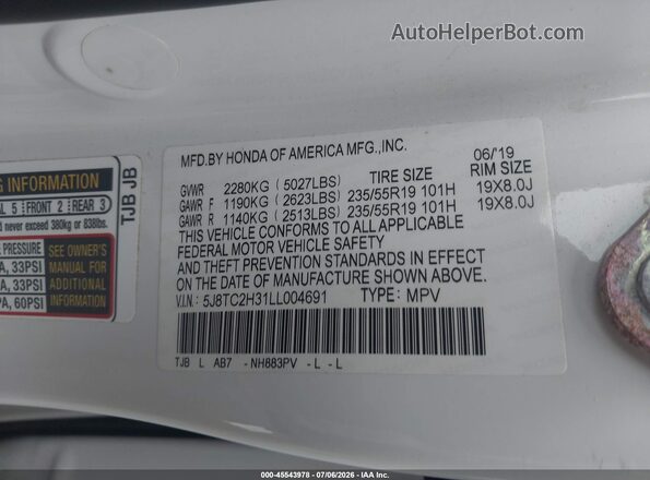 5J8TC2H31LL004691 2020 ACURA RDX White Engine compartment view