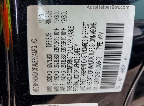 5J8TC2H31LL026402 2020 ACURA RDX Black VIN კოდის სტიკერის ხედი