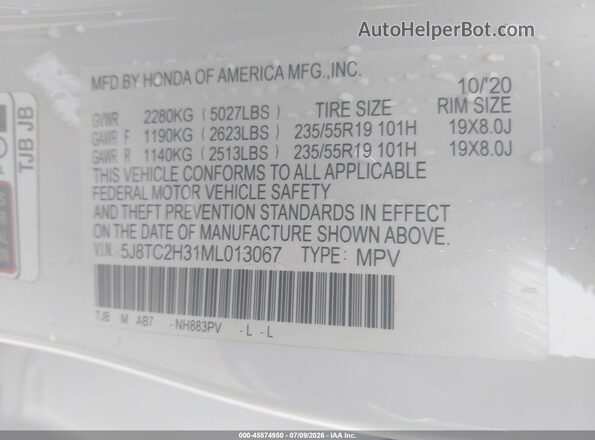 5J8TC2H31ML013067 2021 ACURA RDX White Widok komory silnika