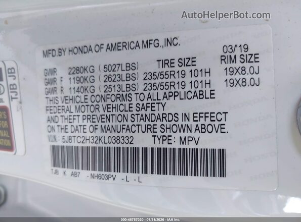 5J8TC2H32KL038332 2019 ACURA RDX Белый Вид подкапотного пространства