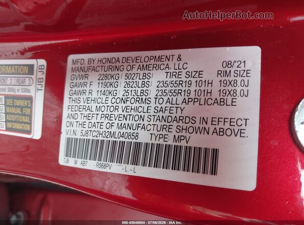 5J8TC2H32ML040858 2021 ACURA RDX Red Vista del compartimento del motor