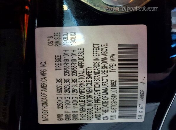 5J8TC2H34KL011892 2019 ACURA RDX Black Widok naklejki z numerem VIN