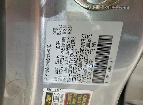 5J8TC2H35KL005650 2019 ACURA RDX Silver Widok naklejki z numerem VIN