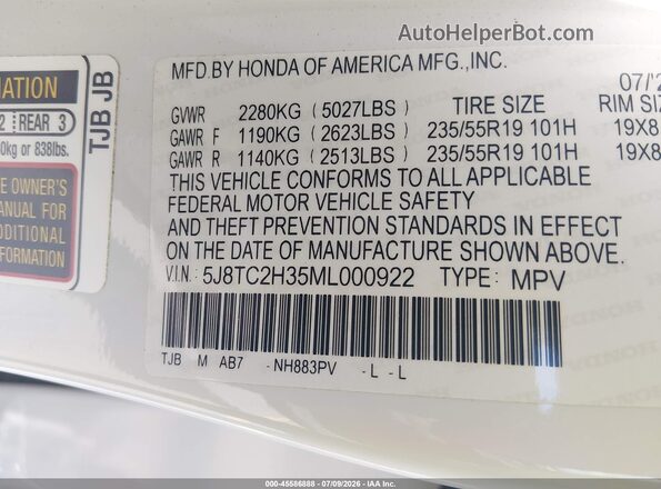 5J8TC2H35ML000922 2021 ACURA RDX White Widok komory silnika