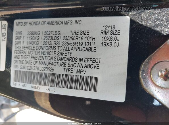 5J8TC2H37KL028525 2019 ACURA RDX Black Widok komory silnika