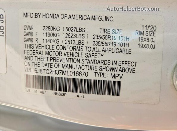 5J8TC2H37ML016670 2021 ACURA RDX White Widok naklejki z numerem VIN