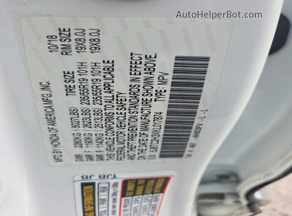 5J8TC2H3XKL017874 2019 ACURA RDX White VIN კოდის სტიკერის ხედი