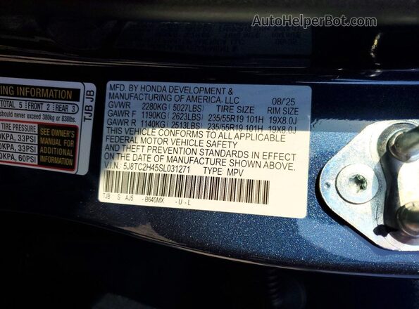 5J8TC2H45SL031271 2025 ACURA RDX Blue VIN sticker view