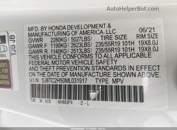 5J8TC2H50ML031917 2021 ACURA RDX White Engine compartment view