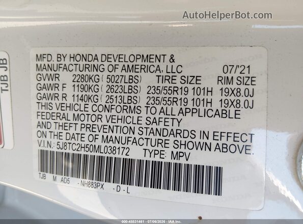 5J8TC2H50ML038172 2021 ACURA RDX White ძრავის განყოფილების ხედი