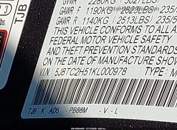 5J8TC2H51KL000978 2019 ACURA RDX Black Engine compartment view