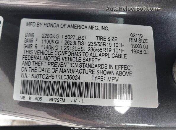 5J8TC2H51KL036024 2019 ACURA RDX Gray Vista del compartimento del motor