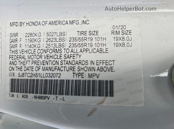 5J8TC2H51LL032072 2020 ACURA RDX White Вид наклейки з VIN-кодом
