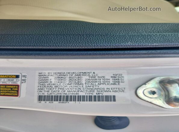 5J8TC2H51NL018546 2022 ACURA RDX White Widok wnętrza 360 stopni