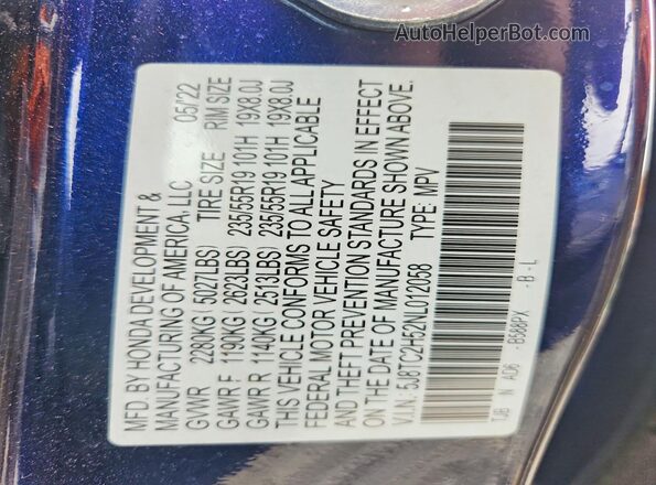 5J8TC2H52NL012058 2022 ACURA RDX Blue Панорамний вид салону 360°