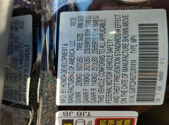 5J8TC2H52TL001414 2026 ACURA RDX Black Widok naklejki z numerem VIN