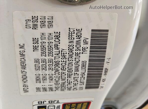 5J8TC2H54LL008655 2020 ACURA RDX White VIN კოდის სტიკერის ხედი