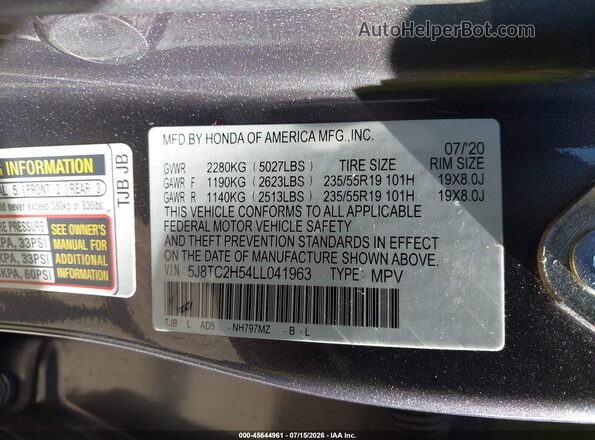 5J8TC2H54LL041963 2020 ACURA RDX Gray Vista del compartimento del motor